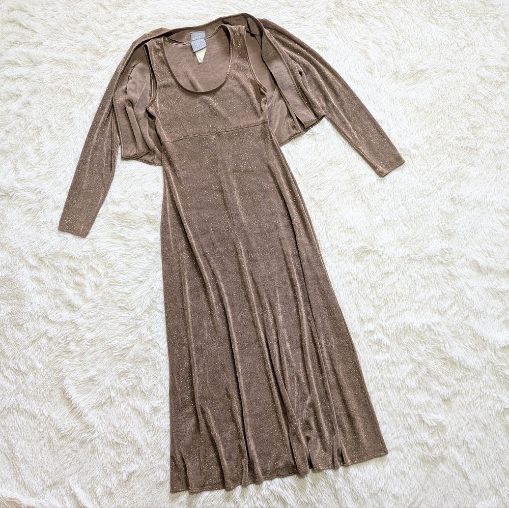 90s Vintage Rabbit Designs Slinky Gold Sparkly Formal Dress & Cardigan Set 6